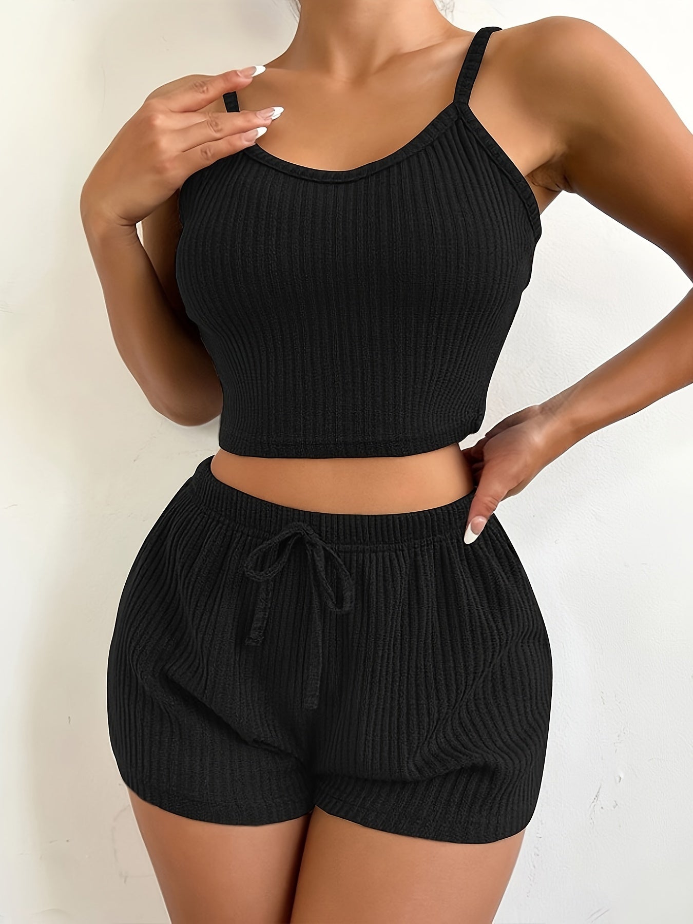 Solid Ribbed Slim Fit Lounge Set, Casual Round Neck Crop Cami Top & Drawstring Shorts, Women's Loungewear